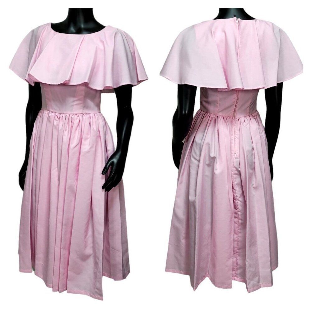 Vintage Pink Capelet Ruffle Midi Dress Fit & Flare Robin‎ Zipper Pink Coquette